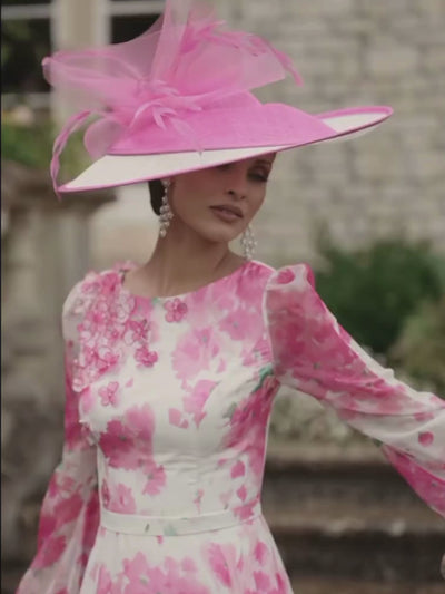 Veni Infantino 992775 Cherry Blossom Print Dress in chiffon with floral appliqués, elegant flared skirt and sheer sleeves – luxury occasion wear for weddings, Mother of the Bride and summer events.