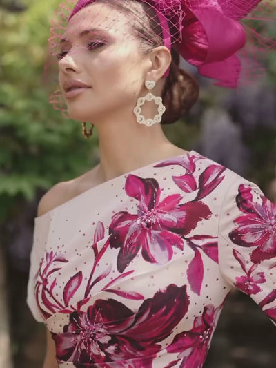 Veni Infantino 992726 Dusk/Fuchsia Print Dress with asymmetric neckline, cape sleeve and floral crepe print. Elegant midi sheath dress for weddings and special events.