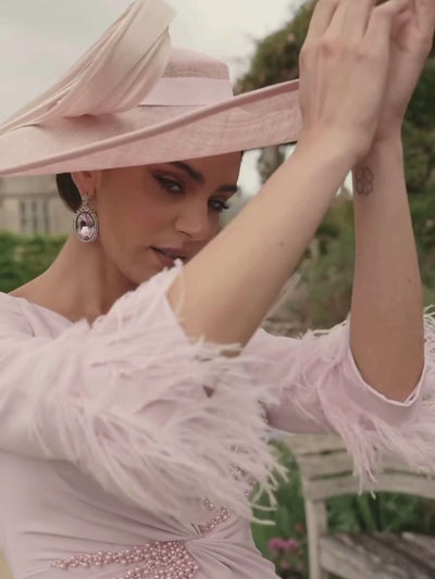  Veni Infantino 992729 Rose Dress with V-neckline, beaded waist trim, feather cuff sleeves and flared A-line midi skirt. Elegant occasion dress in soft crepe.