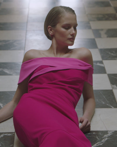 Maisonel ME3011 Hot Pink Raspberry Dress – women’s off-the-shoulder fishtail gown in vibrant raspberry pink, ideal for evening events, weddings, and formal occasions.