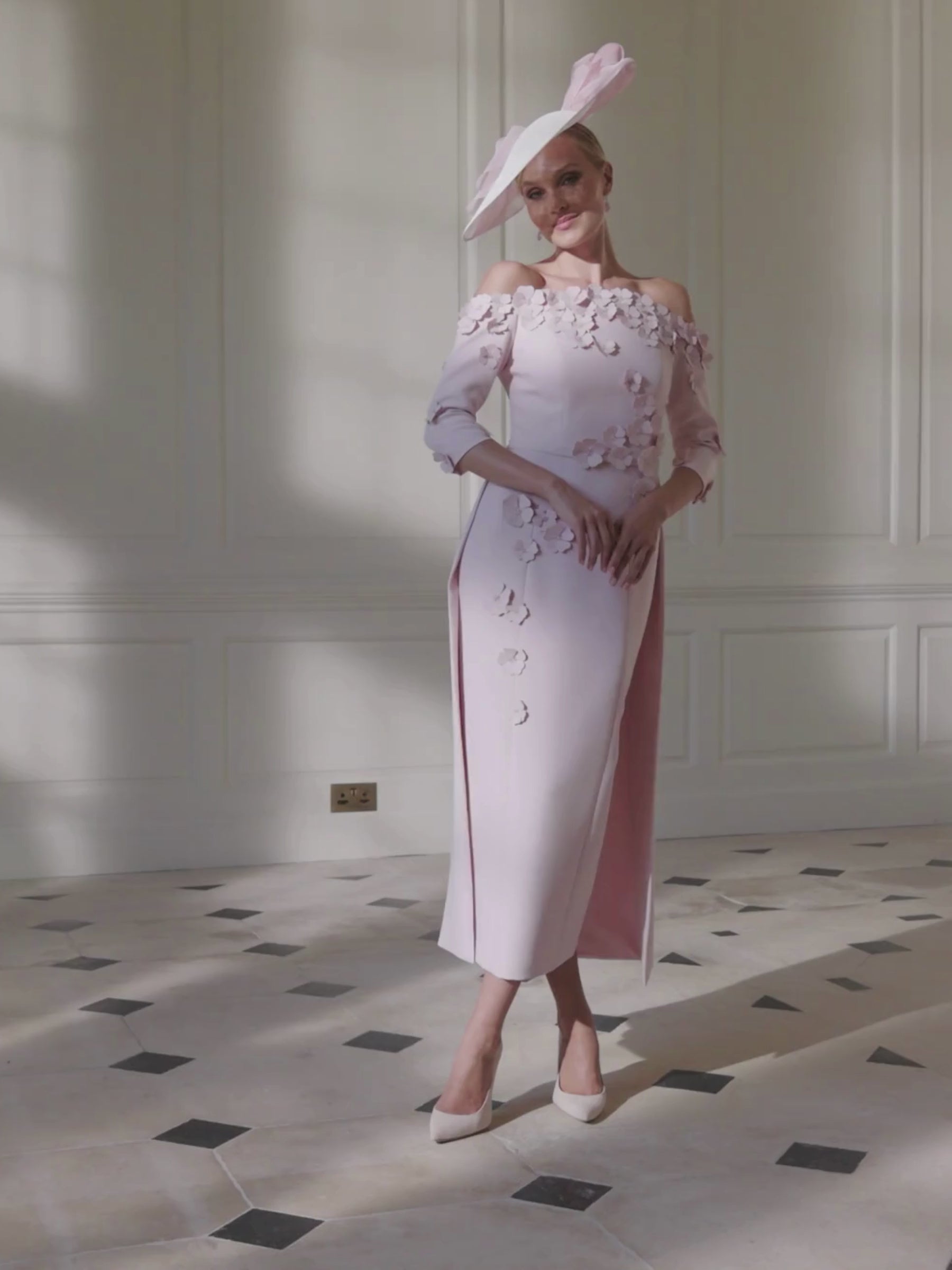 John Charles 29318 Petal Dress with off-shoulder neckline, ¾ sleeves, straight midi skirt, overskirt and 3D floral appliqué.