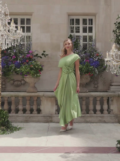 John Charles 66710 Fern Dress with asymmetric neckline, pleated bodice and asymmetrical A-line midi skirt with plissé godet.