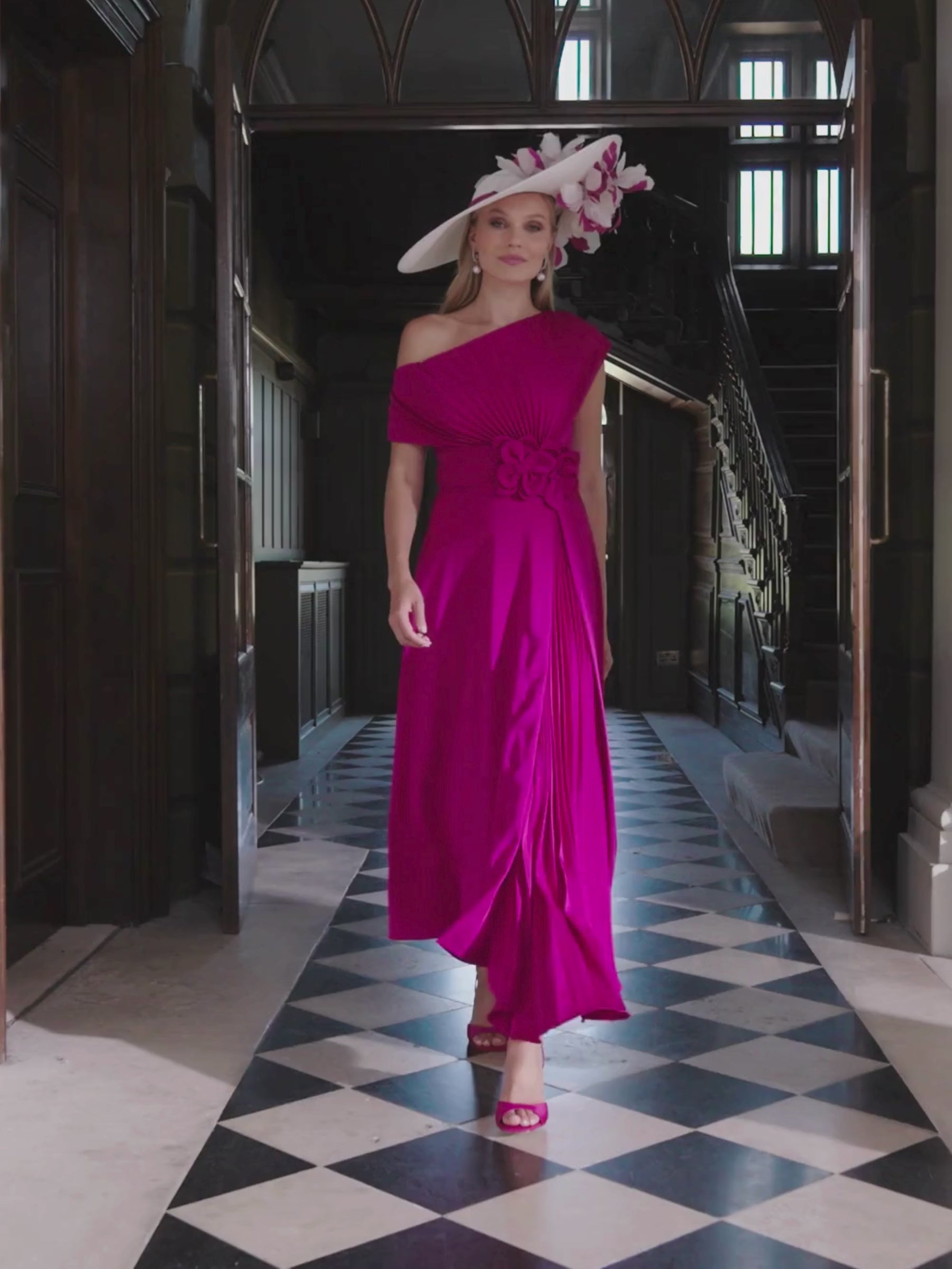 John Charles 66710 Ruby Pink Dress with asymmetric neckline, pleated bodice and asymmetrical A-line midi skirt with plissé godet.