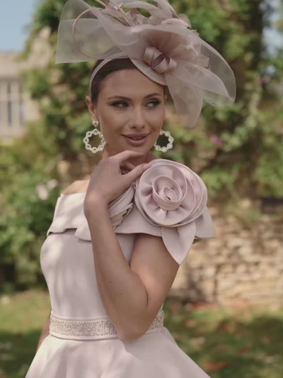 Veni Infantino 992715 Blossom Dress with asymmetric neckline, 3D floral shoulder detailing, peplum waist and beaded belt. Elegant crepe occasion dress for weddings and special events.