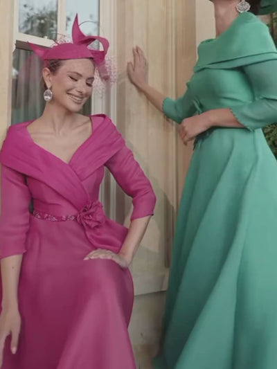 Veni Infantino 992720B Jade Dress with straight collar neckline, beaded trim, floral waist detail, ¾ sleeves and A-line flared midi skirt. Elegant Mother of the Bride or Groom outfit in jade mikado and organza.