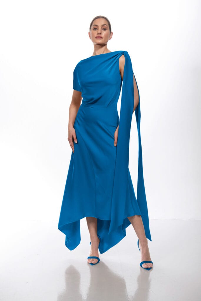 Kevan Jon Bella Satin Asymmetric Midi Dress - Blush Boutique